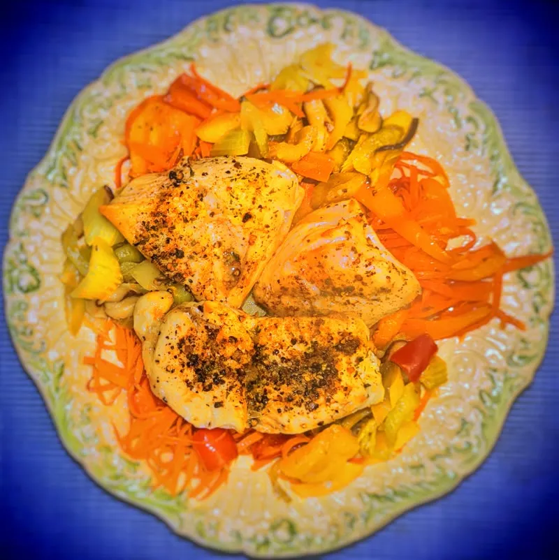 Reference photo: chicken and vegetables on a plate