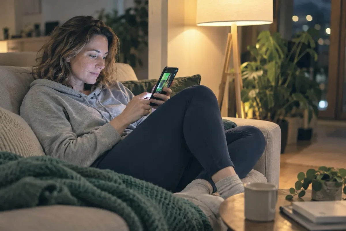 Before: a woman who isn't in shape yet looks at her phone on the sofa