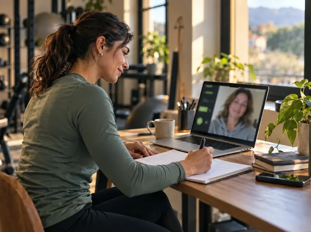 The coach meets a new client on a video call and takes notes