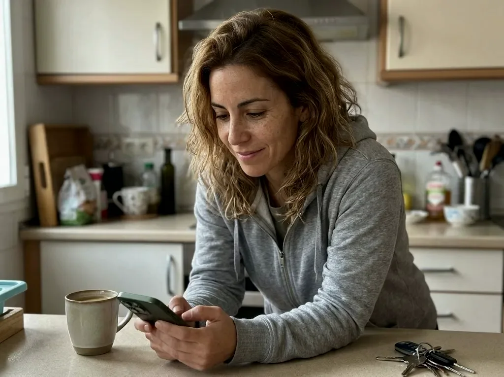 The client joins her program from her phone in the kitchen