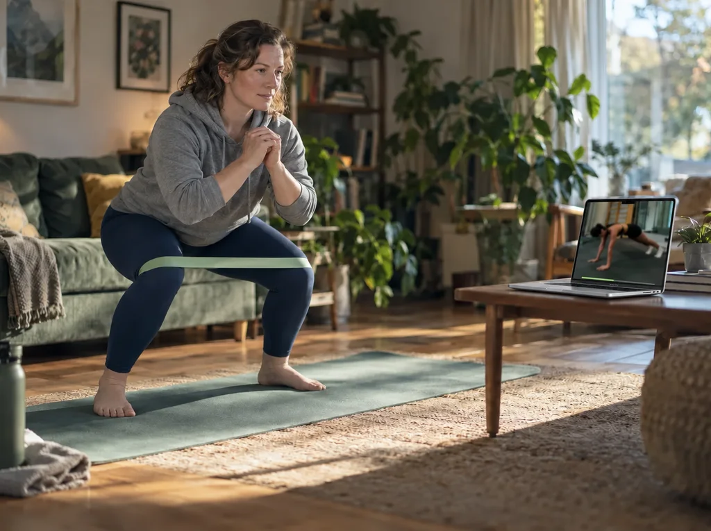 The client works out at home following her coach's video