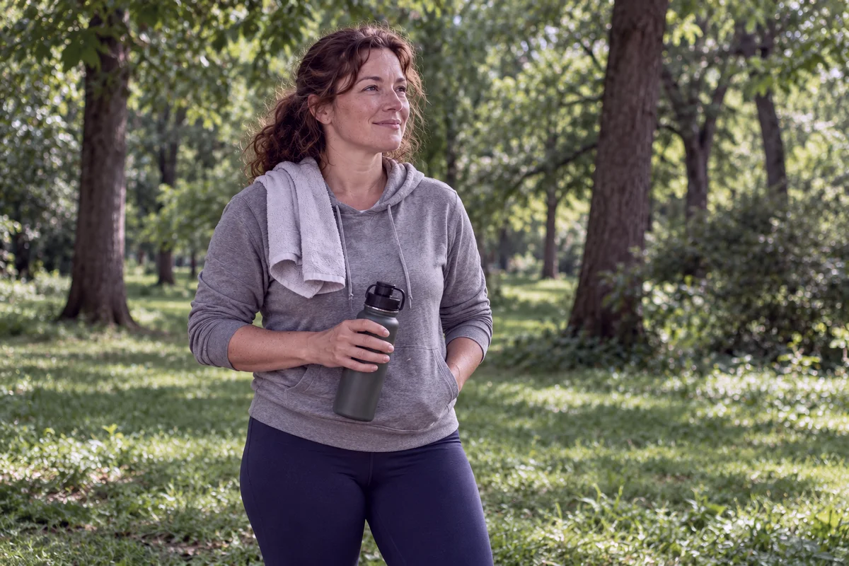 A woman standing in a green park, calm and satisfied after completing her program