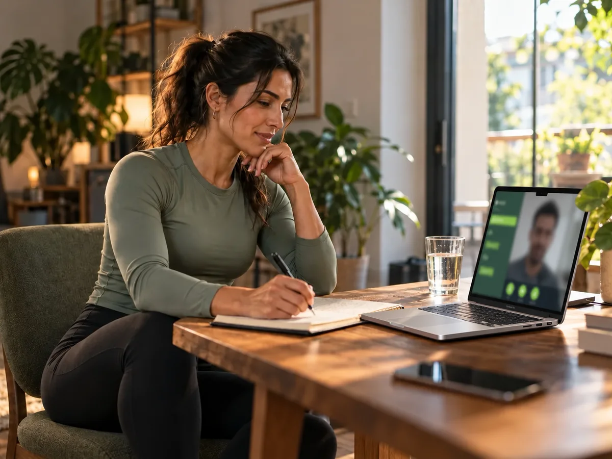 Coach on a kickoff video call from her laptop